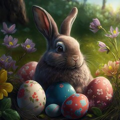 Wall Mural - Happy Easter. Cute easter bunny with easter eggs. Generative AI