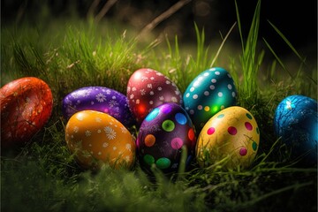 Wall Mural - Happy Easter concept with easter eggs in nest and spring flowers. Easter background with copy space. Generative AI