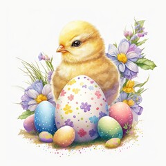 Wall Mural - Happy Easter. Cute easter chick with easter eggs. Generative AI