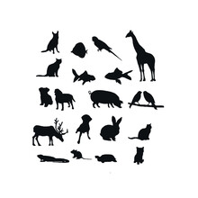 Silhouettes Of Wild And Domestic Animals, Carnivores And Herbivores, Black And White Vector Drawing
