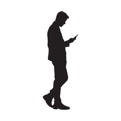 Man standing and using smartphone silhouette on white background.