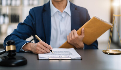 Close up businessman or Lawyer signing contract making a deal, classic business at office in the morning.