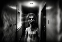 Ghoulish Living Dead Female Zombie, Hotel Hallway, No Escape From Terror, Face Of Pure Horror, Raging Anger, Dramatic Wild Hair, Evil Eyes Nightmare - Fictional Person Generative AI