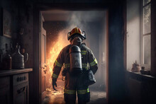 Firefighter Rescuer Man In Protective Clothing And Helmet Extinguishes Fire In A Burning House, House Fire, A Hero. Generative AI