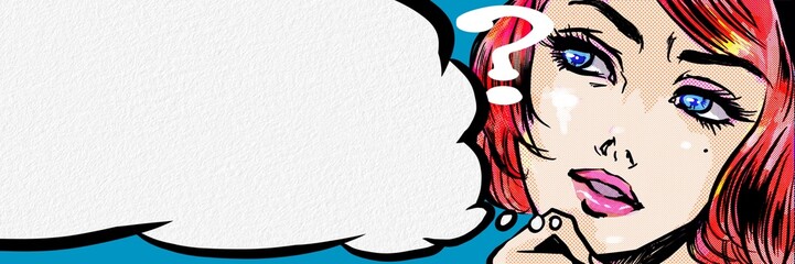 Wide size color illustration of beautiful woman with red hair in 60's American comic style tilting her head in doubt.