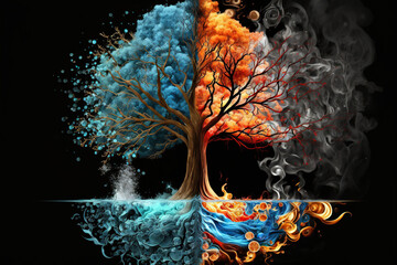 Wall Mural - tree of the elements concept design, fire, water, earth, air, Generative AI