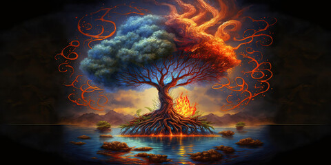 Wall Mural - Colorful tree of the elements, fire, water, earth, air, Generative AI