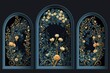 arch arched windows with floral ornament on dark blue background, created with generative ai