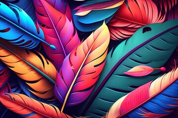 Wall Mural - Colorful feathers in close-up, on a 2D backdrop Generative AI