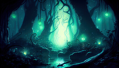 Wall Mural - Enchanted glowing forest wonderland - By Generative AI	