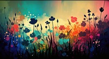 Landscape With Flowers And Trees Nature Wallpaper.  Illustration Of A Colorful Abstract Flower Meadow Wallpaper. Spring Background. Nature Flower Wallpaper. Abstract Background. AI-Generated