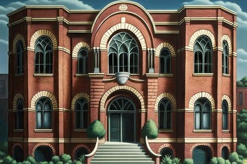 Wall Mural - two-storey brick building with arched windows and entrance with steps, created with generative ai