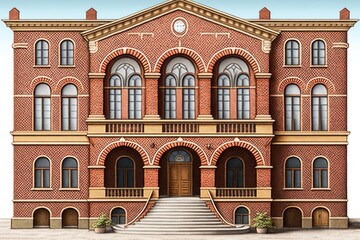 Wall Mural - two-storey brick building with arched windows and entrance with steps, created with generative ai