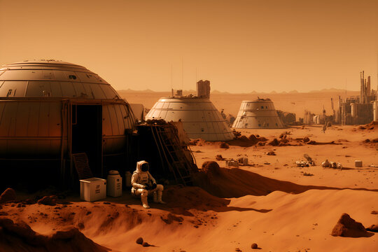 Fototapete - Colonization of planet Mars, resource extraction, scientific research base. Red planet, astronaut cosmonaut is engaged in research.  Dusty atmosphere of Mars. Survival