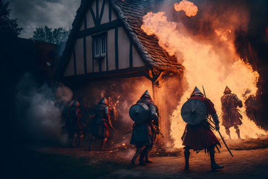 Fototapete - Attack of medieval warriors on village of city, arson of houses and buildings, the looting of the city. Everything is on fire and smoke