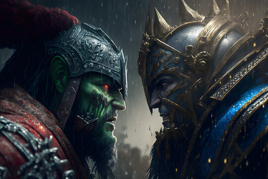 Fototapete - Battle of orcs and paladins, the world of warcraft. A man and an orc face to face, the confrontation of the warriors. Orcs and men in armor