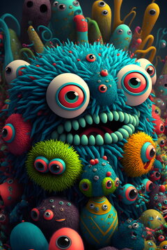 Fototapete - Surreal colorful fluffy creatures monsters, many toothy and big-eyed colored creatures, creepy bacteria microbes, illustration