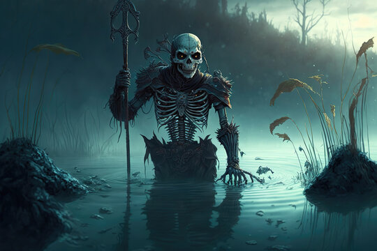 Fototapete - Evil dead skeleton climbs out of pond of the swamp. Terrible Living dead skeleton drowned. Reflection in the water, night twilight