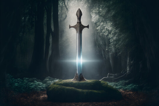 Fototapete - Sword King Arthur Excalibur in a stone in the forest, a ray of light reflected on the sword, fantasy