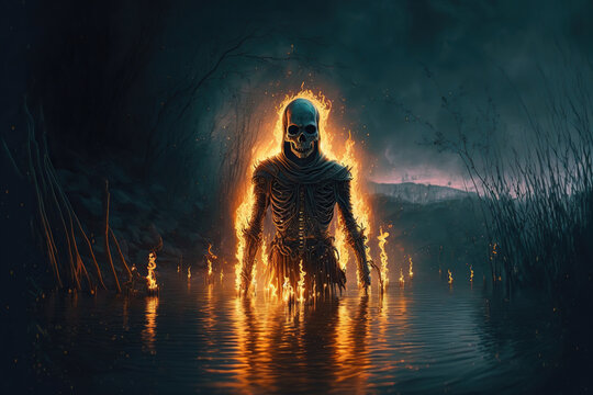 Fototapete - Evil dead skeleton in fire climbs out of pond of the swamp. Terrible Living dead skeleton drowned. Reflection in the water, night twilight. Eyes in fire