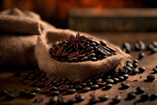 Fototapete - Roasted black coffee beans in a burlap bag lie on a wooden table. Fresh aromatic coffee is scattered on the burlap