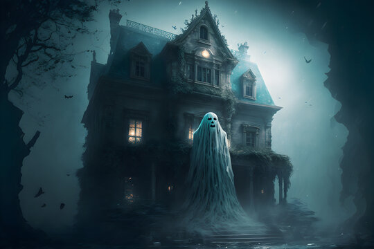 Fototapete - Scary creepy house with ghost. Big old abandoned house, death is mistress of the house. Ghost game
