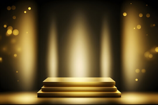 Fototapete - Golden podium blurred yellow background bokeh, glare and reflection