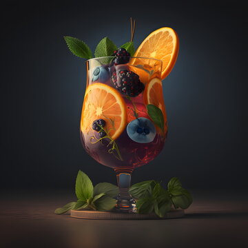 Fototapete - Refreshing cocktail with ice, fruits and berries. Alcoholic cocktail on the bar, blurry background