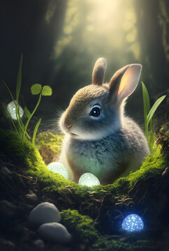 Fototapete - Easter bunny in the forest among Easter eggs. A small fluffy rabbit is looking for colored decorated eggs in the forest grass, sunlight
