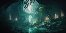 A Fantastic Mystical Landscape Of The Elven Gorge. Grim Mountains, Trees, And A Stream. A Magical Place In The Middle Of The Forest Illuminated By Magical Lanterns, Fireflies. AI Generated.