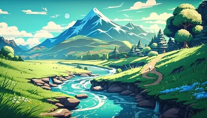 A beautiful anime style summer landscape. Green valley, river, high mountains with snow capped peaks, blue sky with white clouds. AI generated.