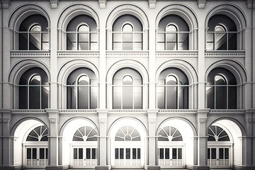 Wall Mural - beautiful facade of building with arched windows and white beams, created with generative ai