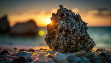  a rock sitting on top of a beach next to the ocean.  generative ai