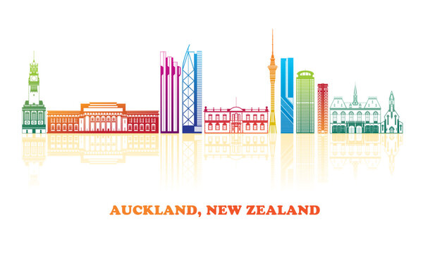 colourfull skyline panorama of city of auckland, new zealand - vector illustration