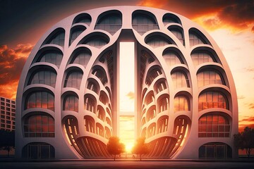 Wall Mural - modern multi-storey building with arched windows in doors against background of sunset sky, created with generative ai