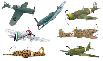 7 types of Italian world war 2 single engine propeller war fighter illustration. (vector. eps. png. jpeg)	