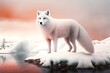 snow-white arctic fox with red eyes standing on frozen lake, created with generative ai