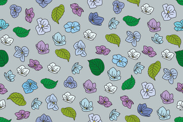 Wall Mural - Illustration of the Hydrengea flower with leaves on gray background.