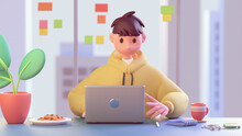 Portrait Of Successful Young Asian Programmer Guy In Yellow Hoodie Uses Computer For Work Sits At Blue Table, Red Cup Coffee, Notebook, Cookies, Green Plant. 3d Render Of Modern Office With City View.
