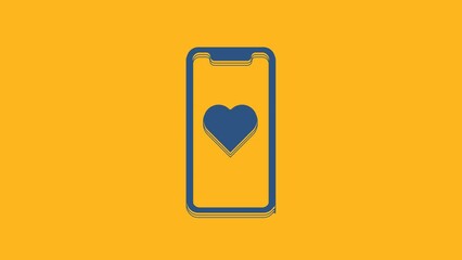 Poster - Blue Mobile phone with heart icon isolated on orange background. Valentines day. 4K Video motion graphic animation