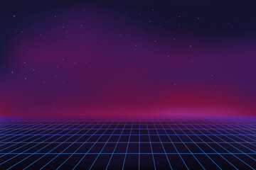 Wall Mural - Retro game background. Digital waves. Abstract future landscape. 3D virtual purple grid. Line laser mesh. Space perspective. Wireframe backdrop. Cyberspace net. Vector graphic design