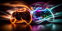 Video game controller with bright neon light streaks. Computer gamer background. Generative ai
