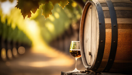 Barrel of wine with wineglass, winery concept background. AI generative image.