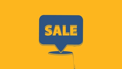 Wall Mural - Blue Hanging sign with text Sale icon isolated on orange background. Signboard with text Sale. 4K Video motion graphic animation