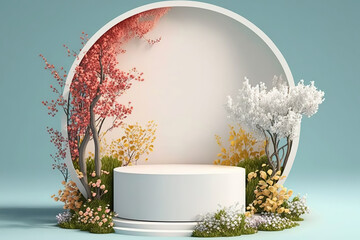 abstract bright color springtime minimal round podium for product display with flowers. ai generativ