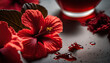 Red hibiscus tea beverage with flowers. AI generative image.