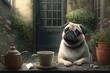 Illustration of a pug dog drinking tea - Created with generative ai