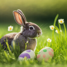 Single Sedate Cuddly Furry Champagne Rabbit Sitting On Bright Green Grass Meadow During Spring Time Surrounded By Dreamy Bokeh. Hare Portrait Full Body With Easter Eggs.