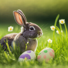 single sedate cuddly furry champagne rabbit sitting on bright green grass meadow during spring time 