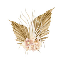 Dried Flowers In Boho Style. Hand Drawn Watercolor Illustration On Isolated Background For Greeting Cards Or Wedding Invitations. Bohemian Creamy Bouquet With Dry Palm Leaves In D Pale Pink Orchids.
